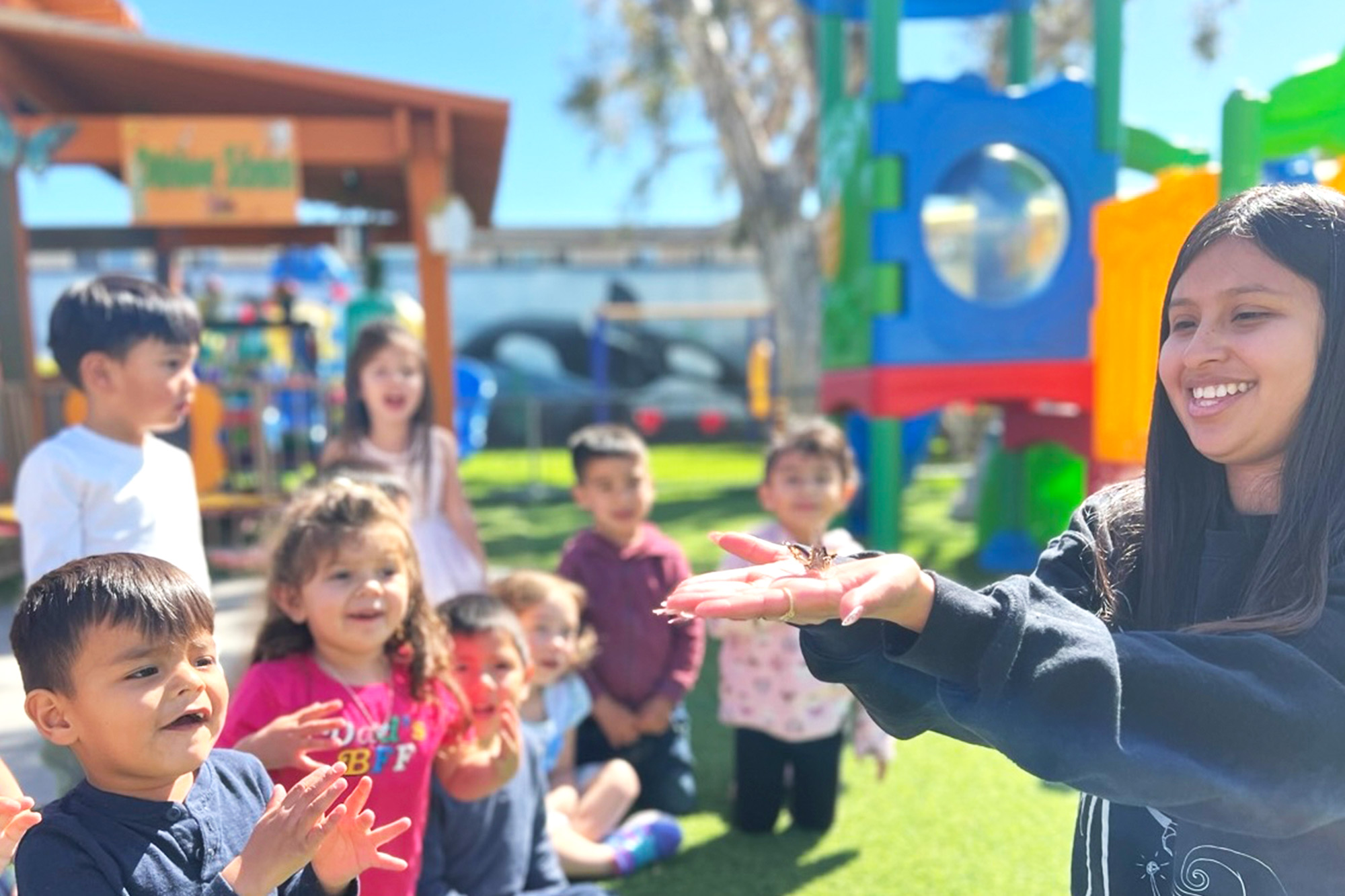 Children exploring nature during Outdoor Science at Fullerton preschool